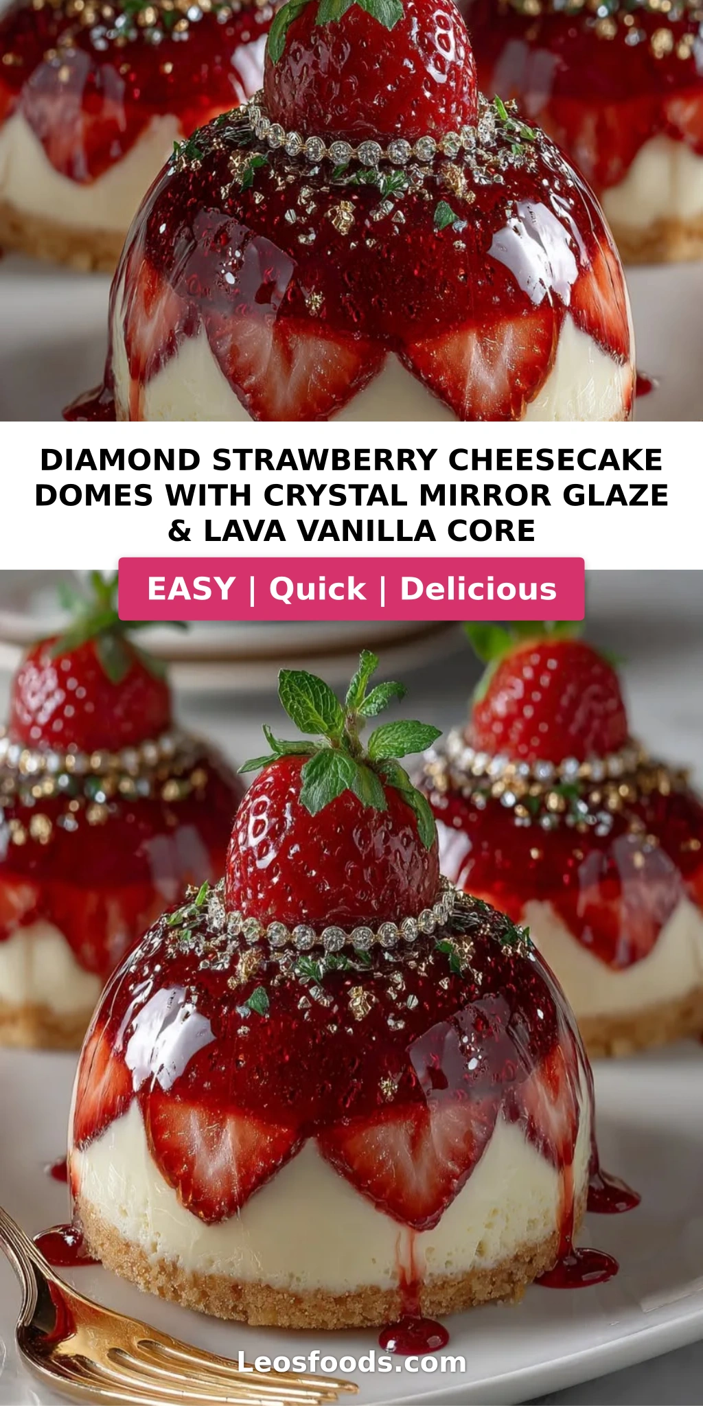 Diamond Strawberry Cheesecake Domes with Crystal Mirror Glaze & Lava Vanilla Core