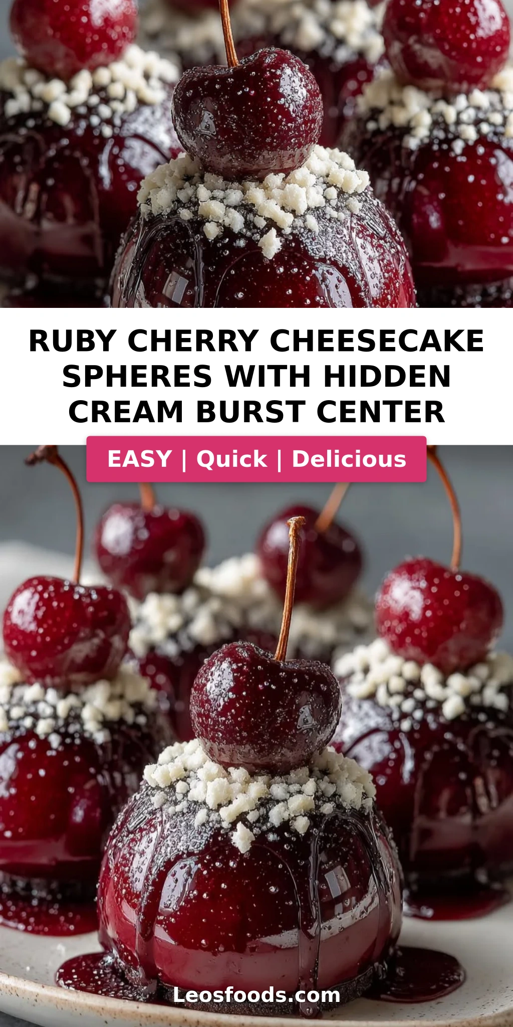 Ruby Cherry Cheesecake Spheres with Hidden Cream Burst Center