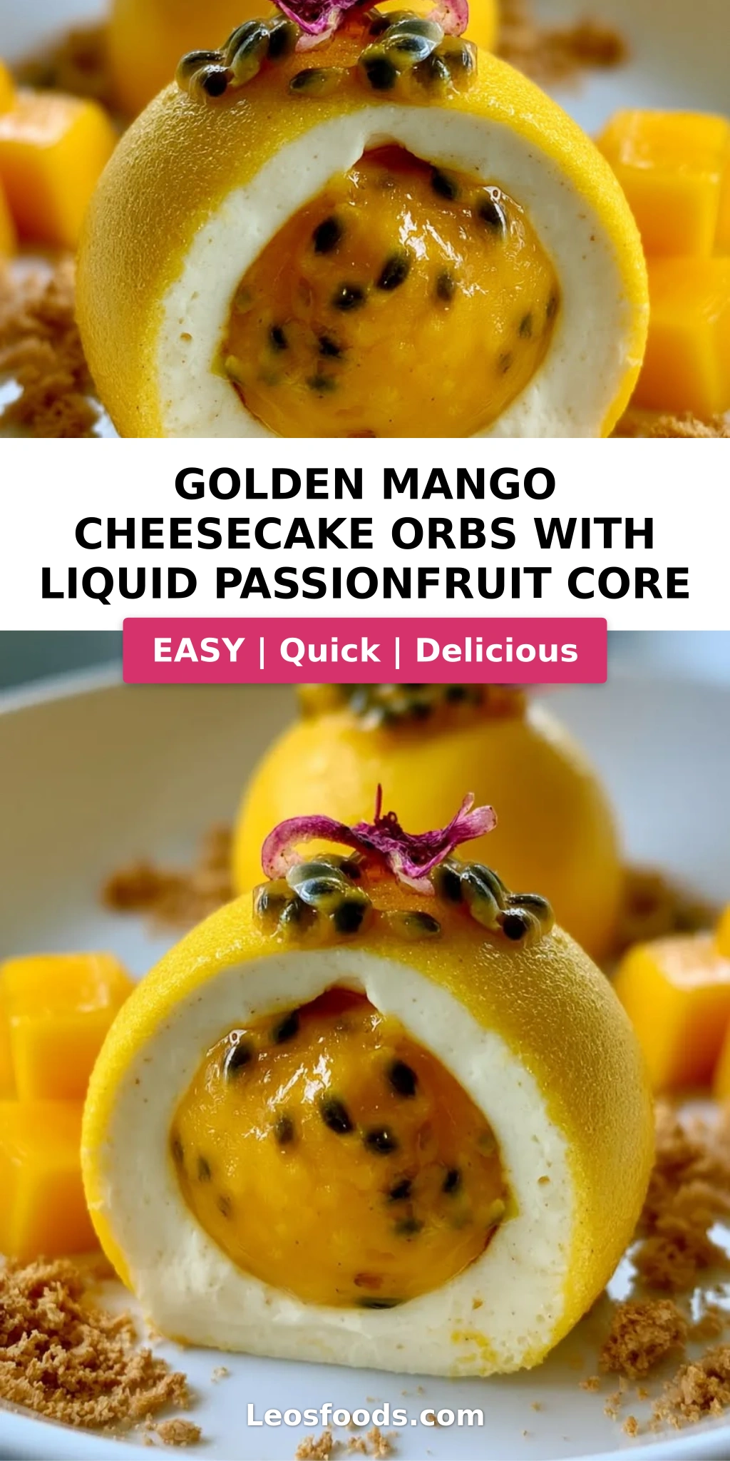 Golden Mango Cheesecake Orbs with Liquid Passionfruit Core