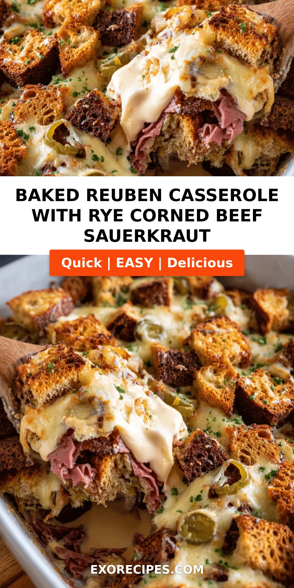Baked Reuben Casserole (Rye, Corned Beef & Sauerkraut)