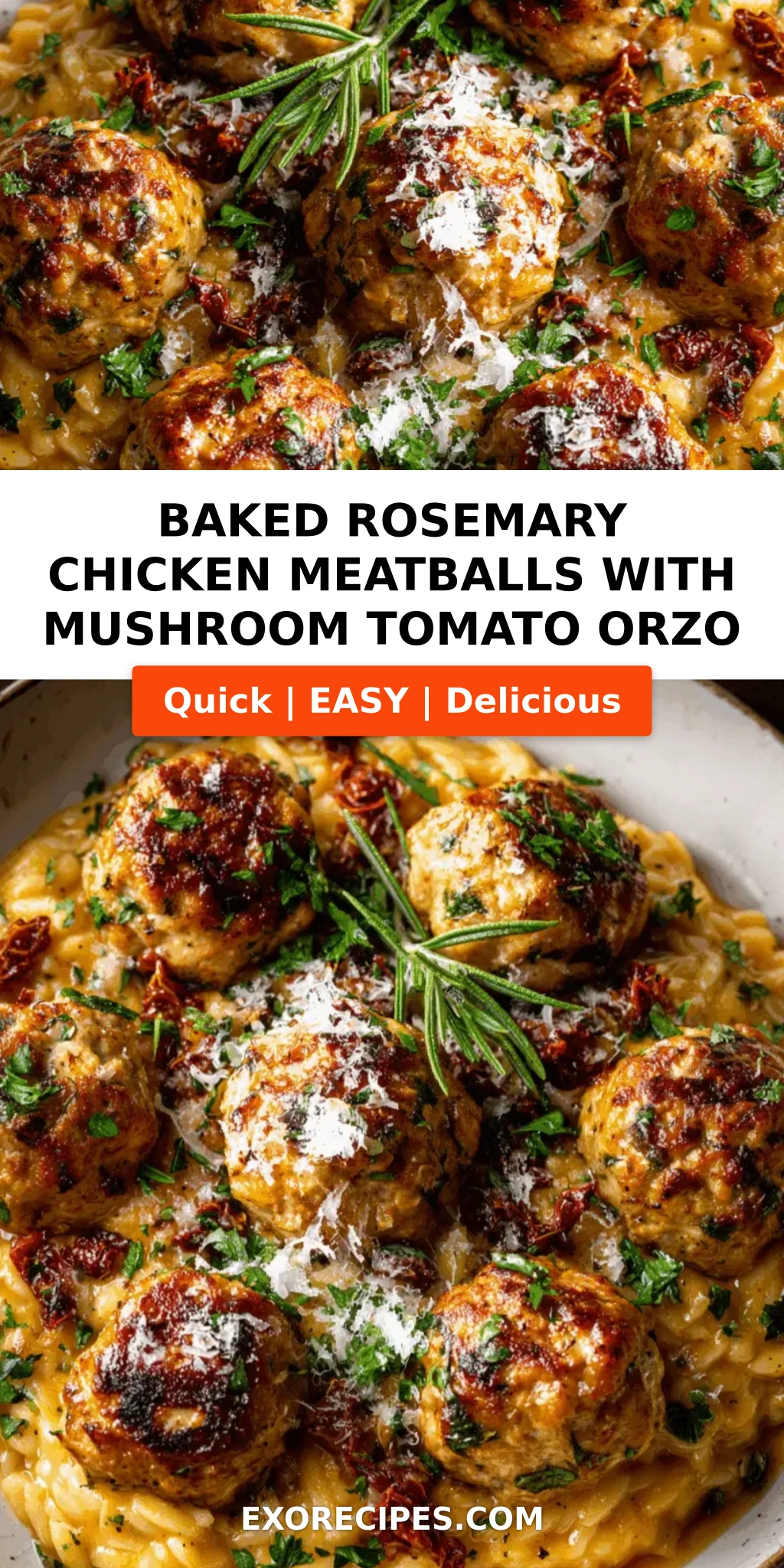 Baked Rosemary Chicken Meatballs with Mushroom Tomato Orzo