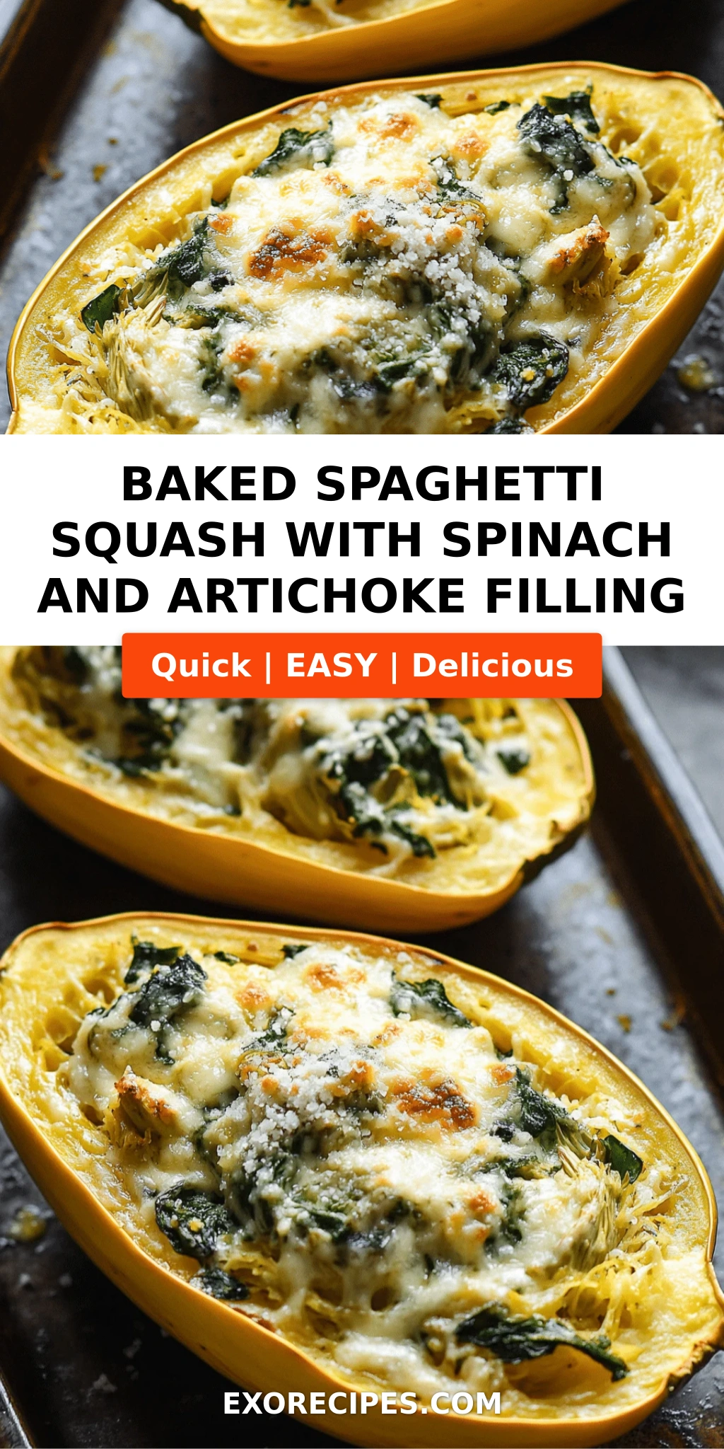 Baked Spaghetti Squash with Spinach and Artichoke Filling