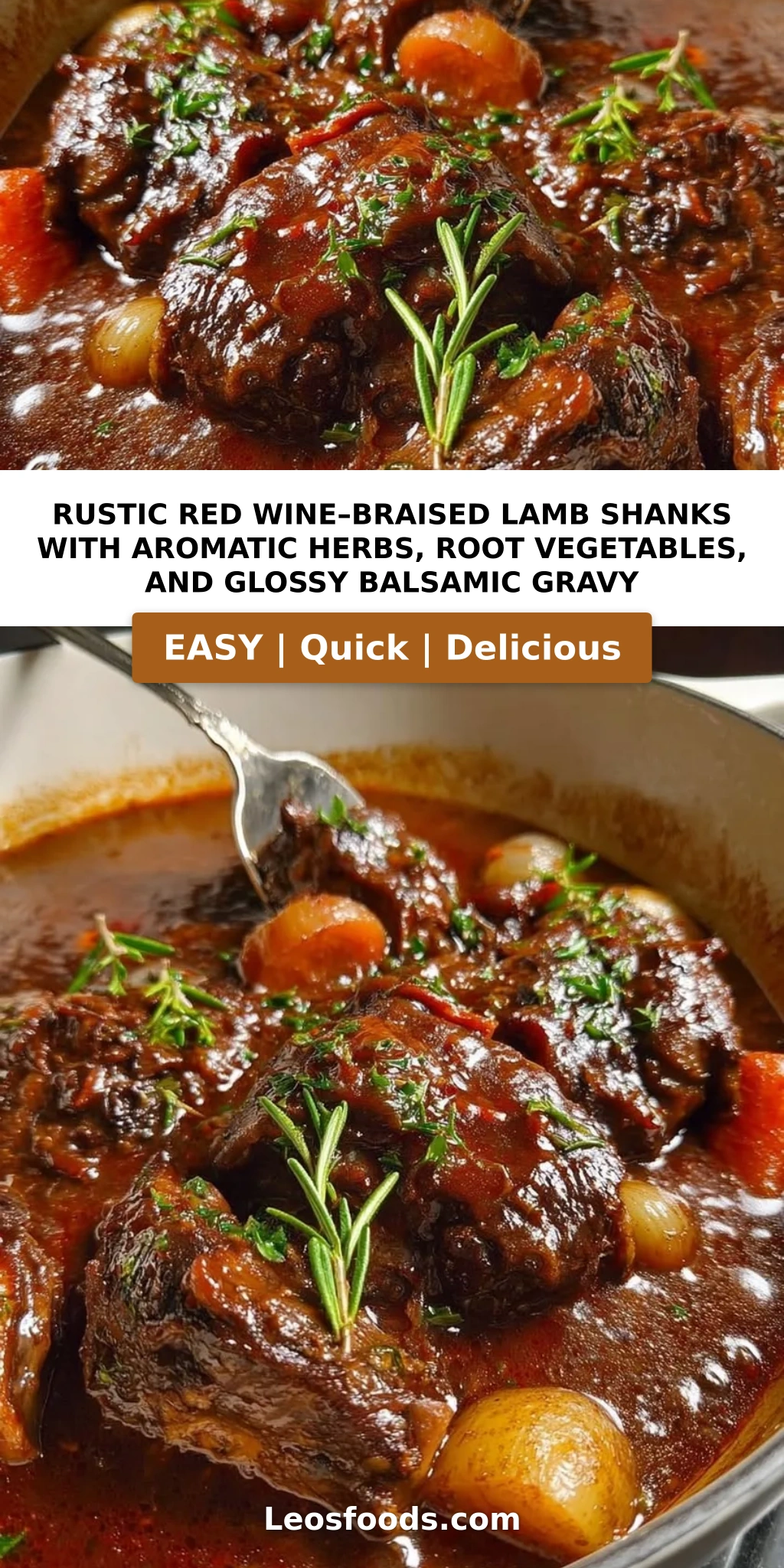 Rustic Red Wine–Braised Lamb Shanks with Aromatic Herbs, Root Vegetables, and Glossy Balsamic Gravy