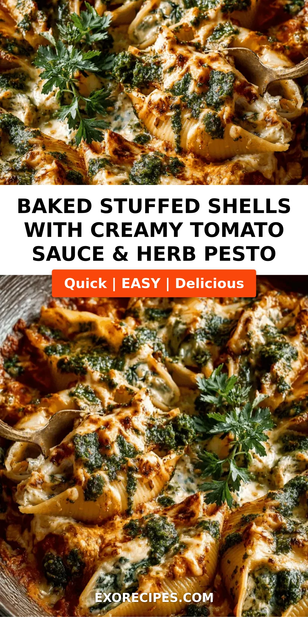 Baked Stuffed Shells with Creamy Tomato Sauce & Herb Pesto
