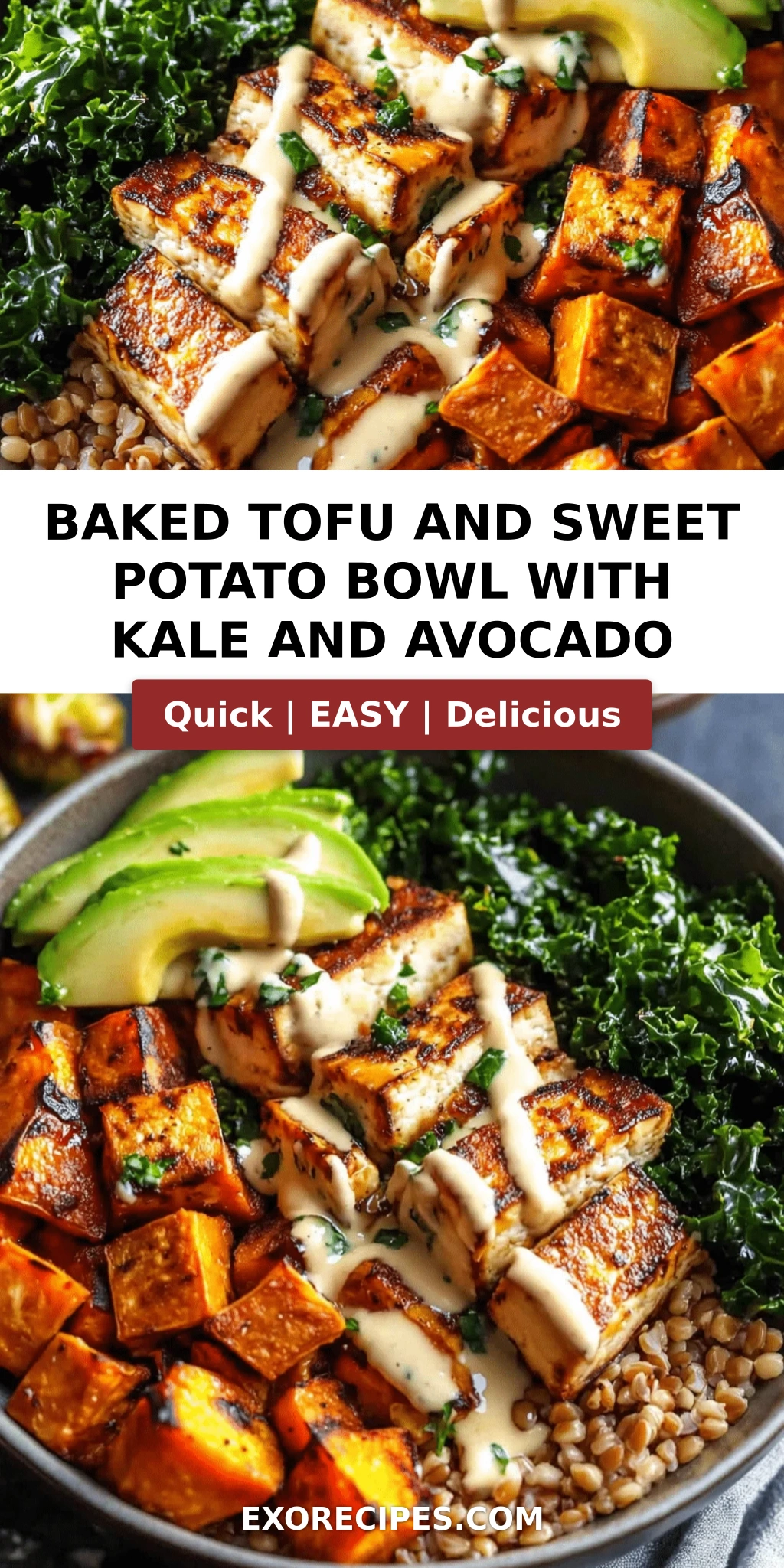 Baked Tofu and Sweet Potato Bowl with Kale and Avocado
