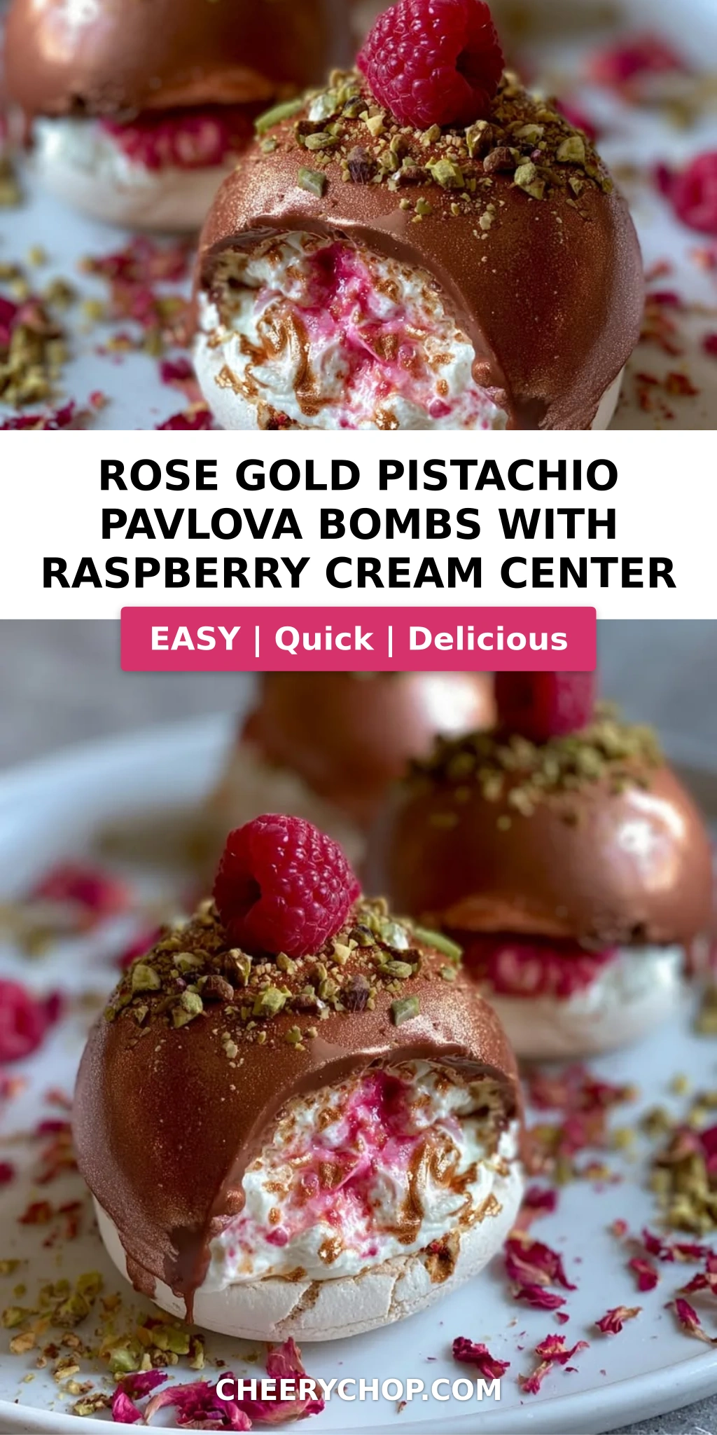 Rose Gold Pistachio Pavlova Bombs with Raspberry Cream Center