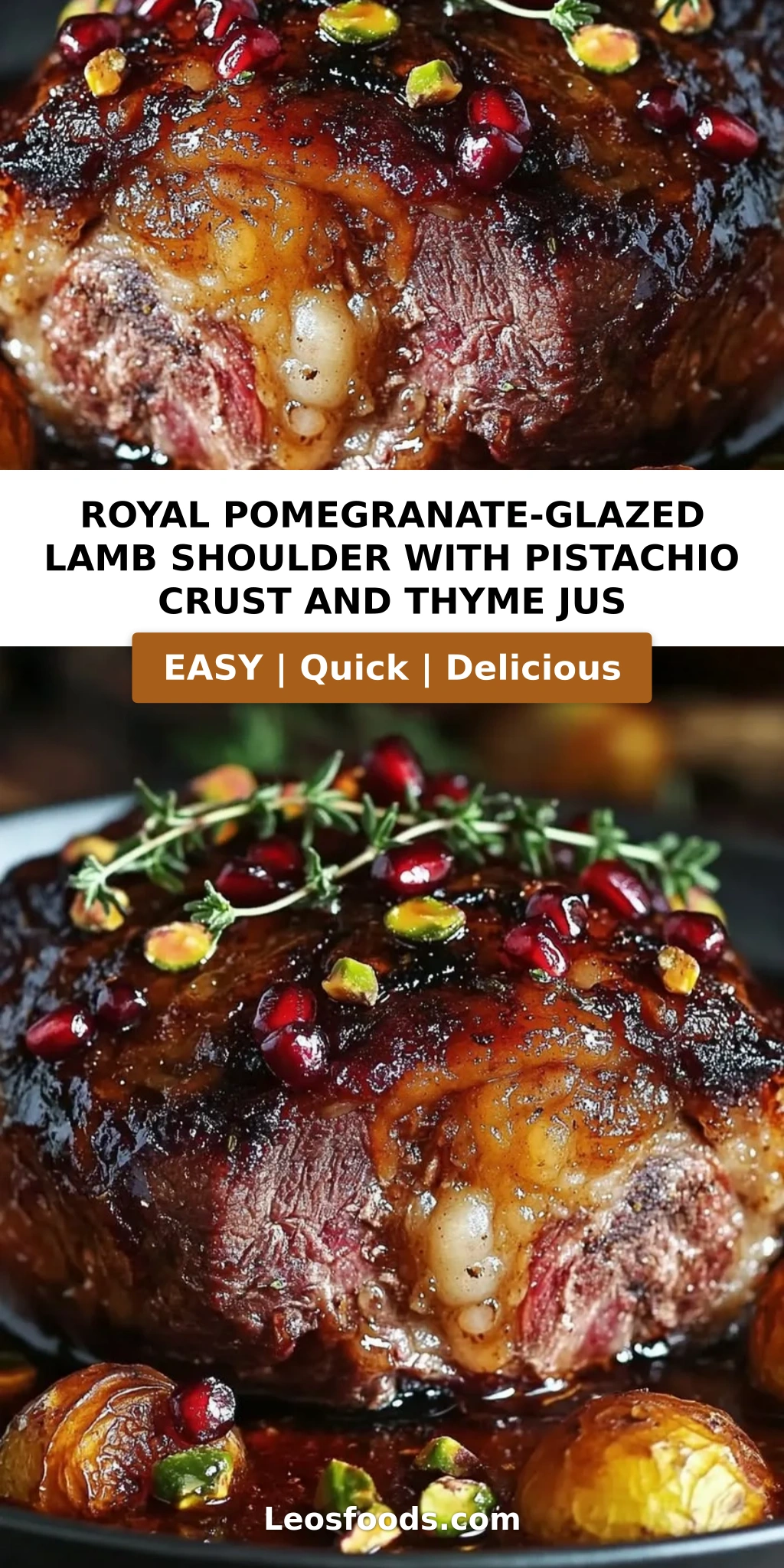 Royal Pomegranate-Glazed Lamb Shoulder with Pistachio Crust and Thyme Jus