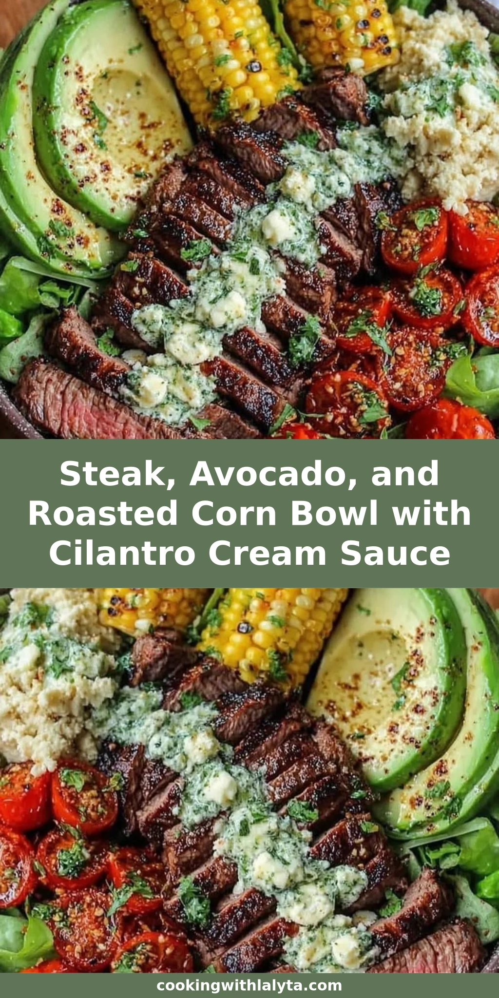 Steak, Avocado, and Roasted Corn Bowl with Cilantro Cream Sauce