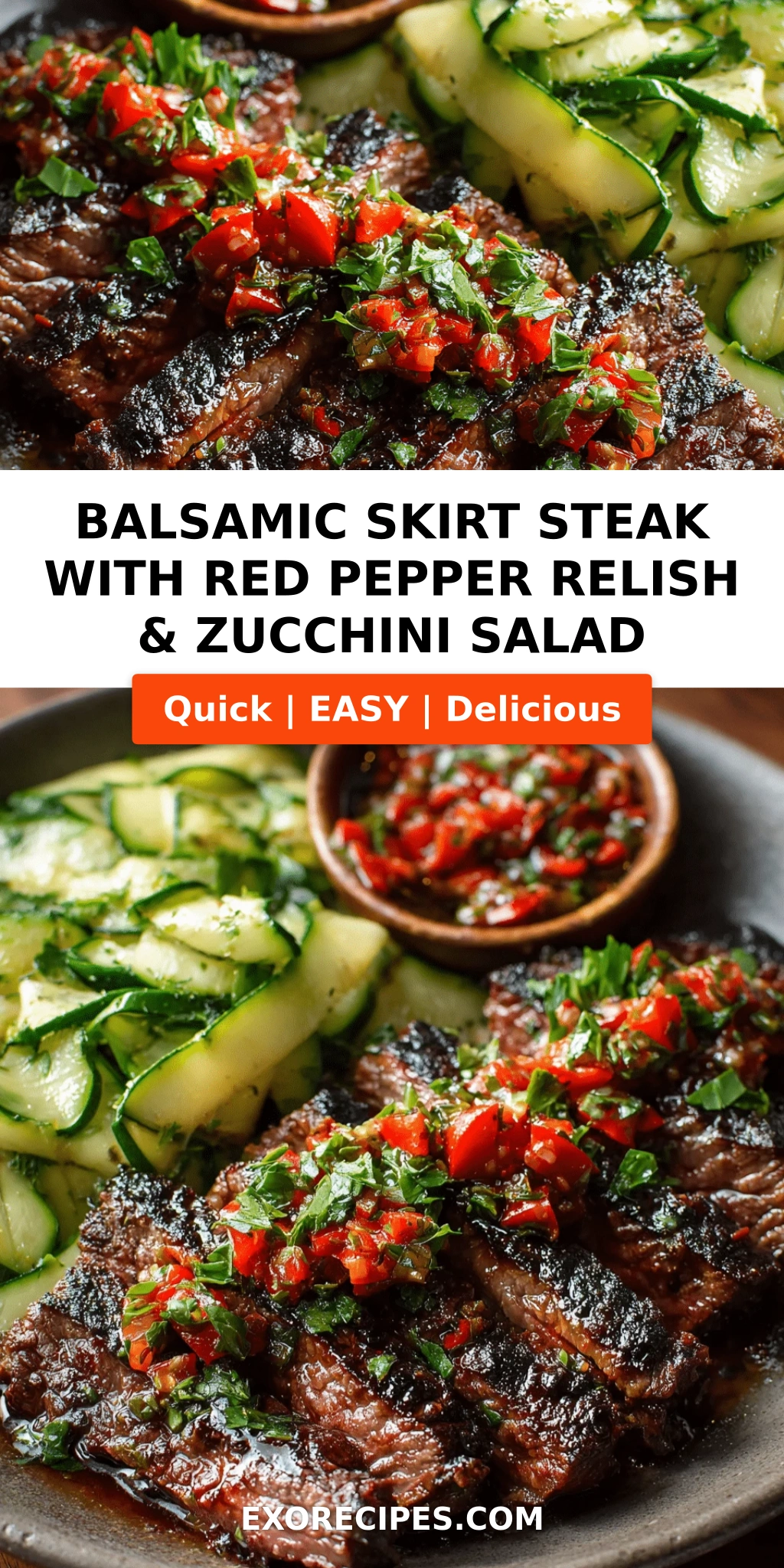 Balsamic Skirt Steak with Red Pepper Relish & Zucchini Salad: A Flavor-Packed Summer Feast