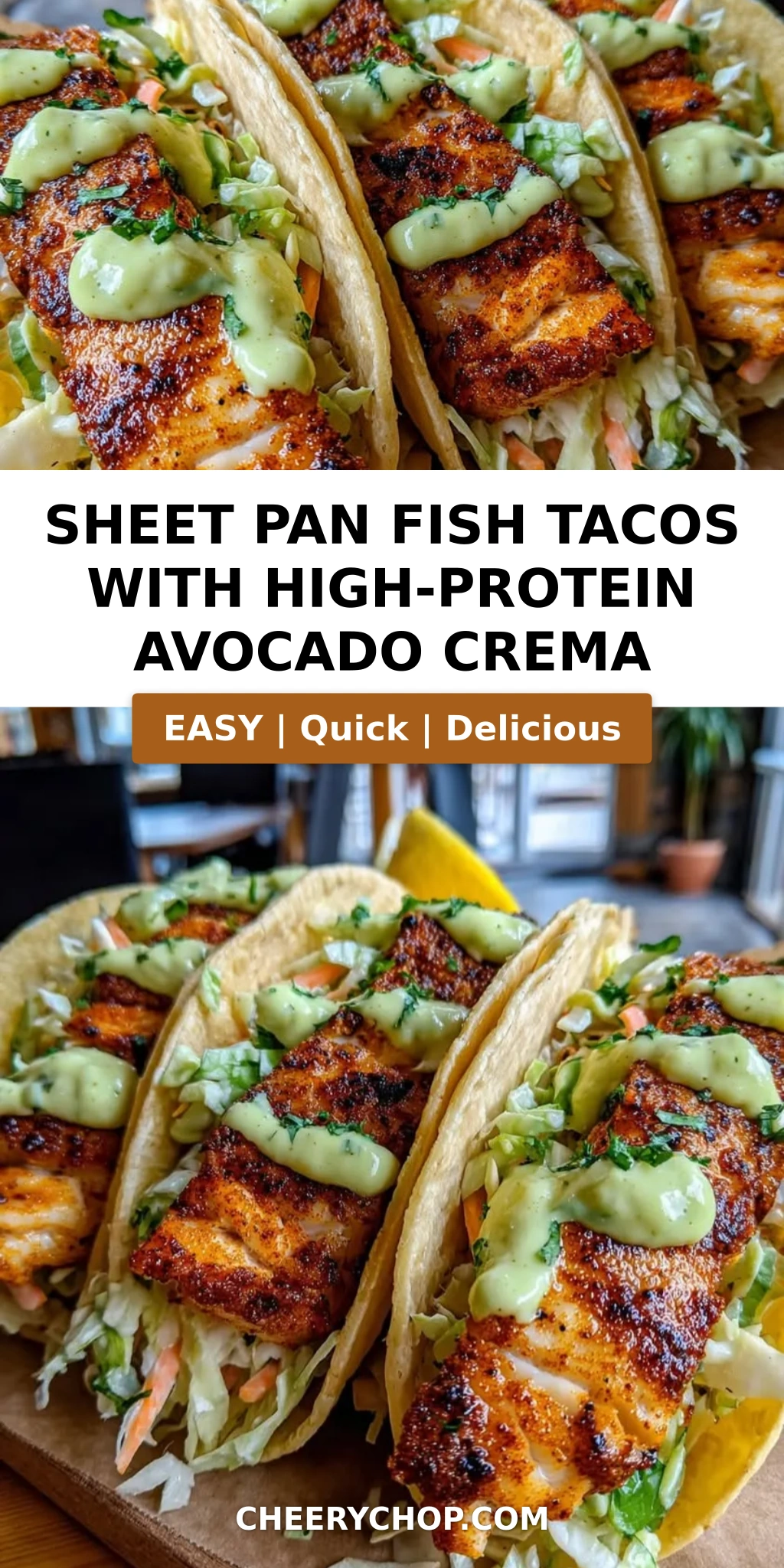 Sheet Pan Fish Tacos with High-Protein Avocado Crema