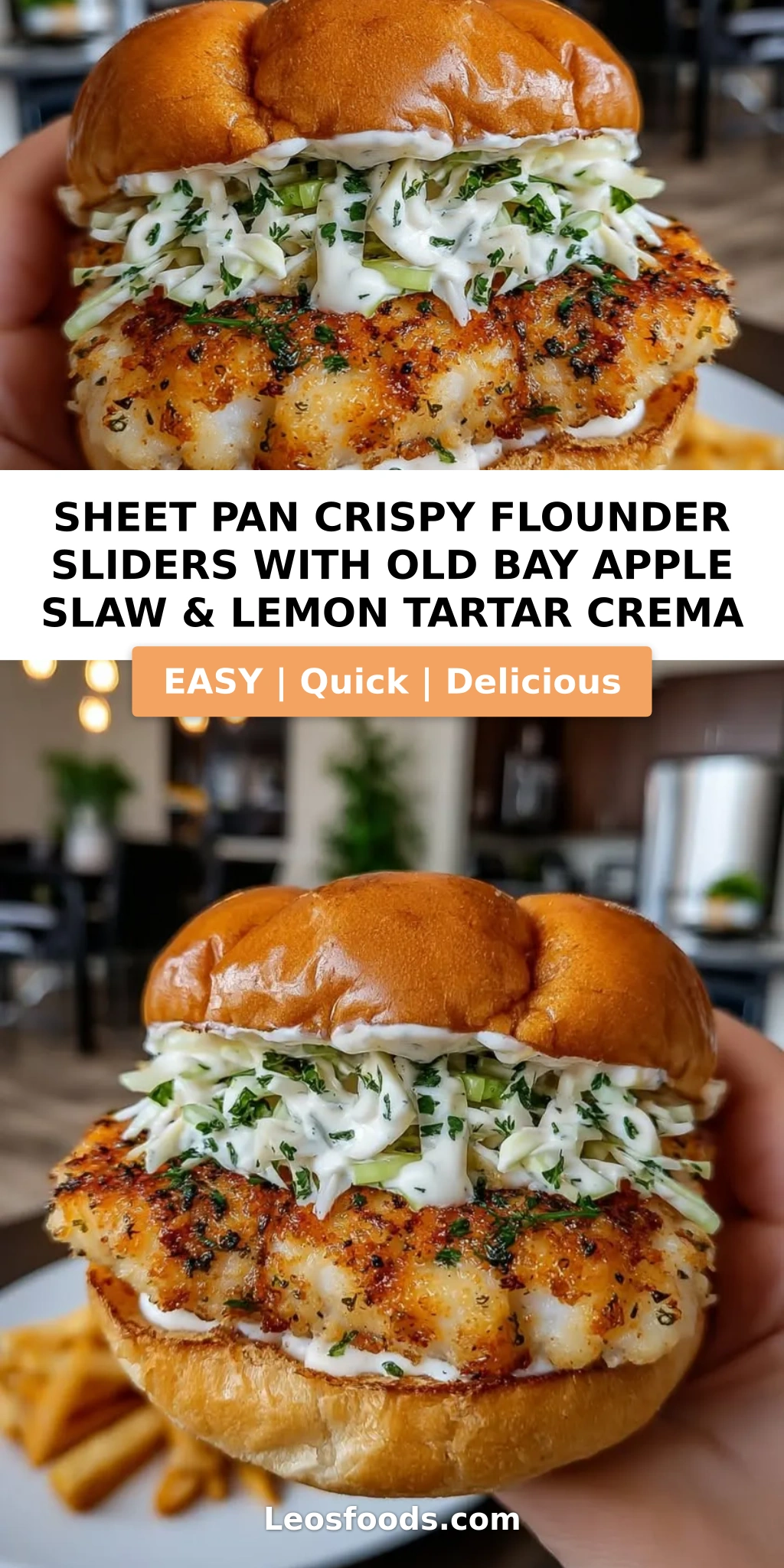 Sheet Pan Crispy Flounder Sliders with Old Bay Apple Slaw & Lemon Tartar Crema
