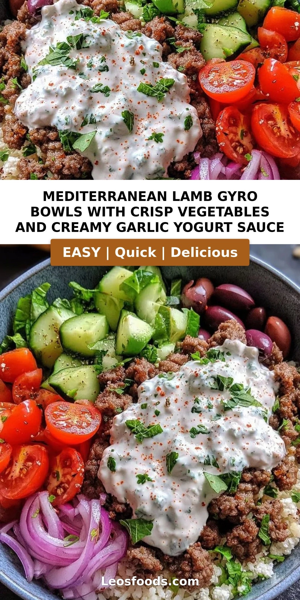 Mediterranean Lamb Gyro Bowls with Crisp Vegetables and Creamy Garlic Yogurt Sauce