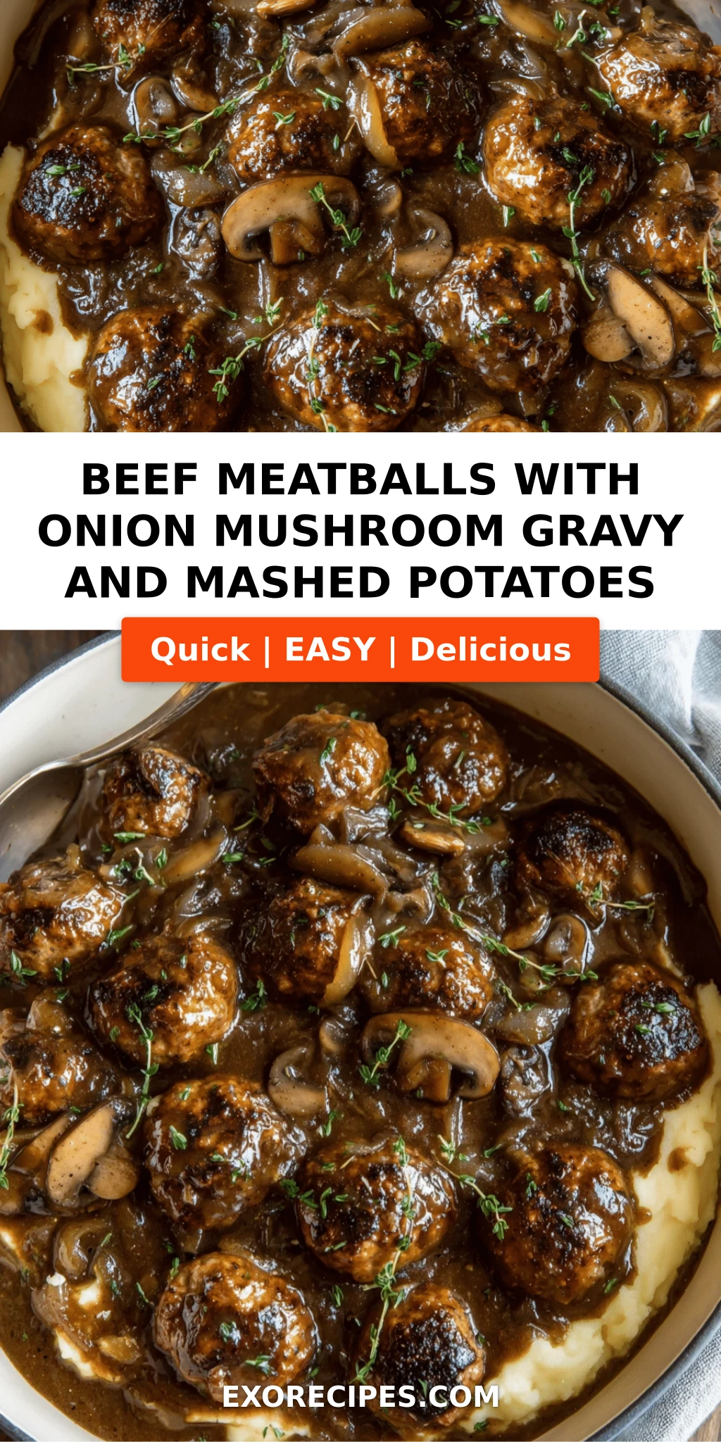 Beef Meatballs with Onion Mushroom Gravy and Mashed Potatoes