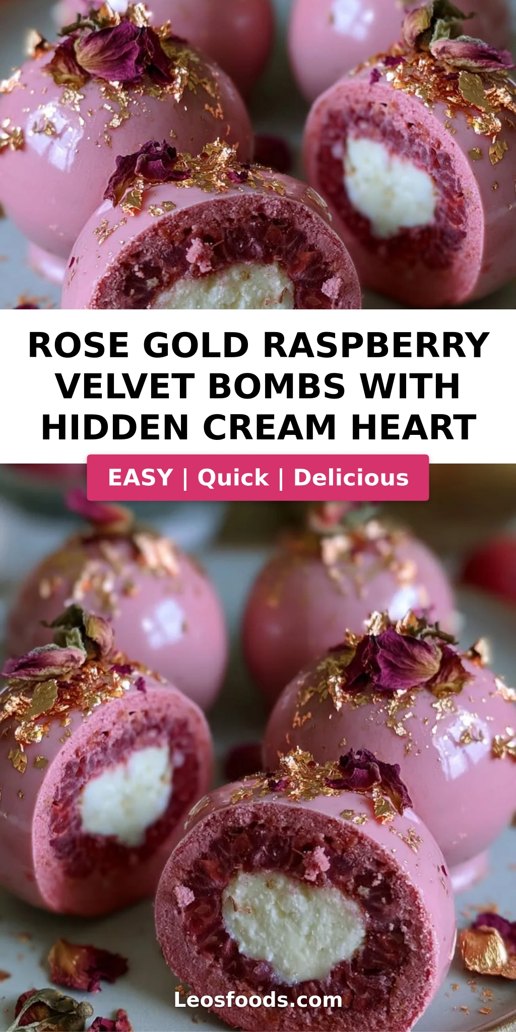 Rose Gold Raspberry Velvet Bombs with Hidden Cream Heart