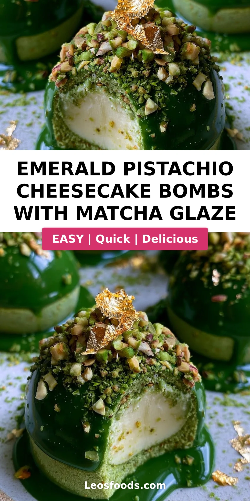 Emerald Pistachio Cheesecake Bombs with Matcha Glaze