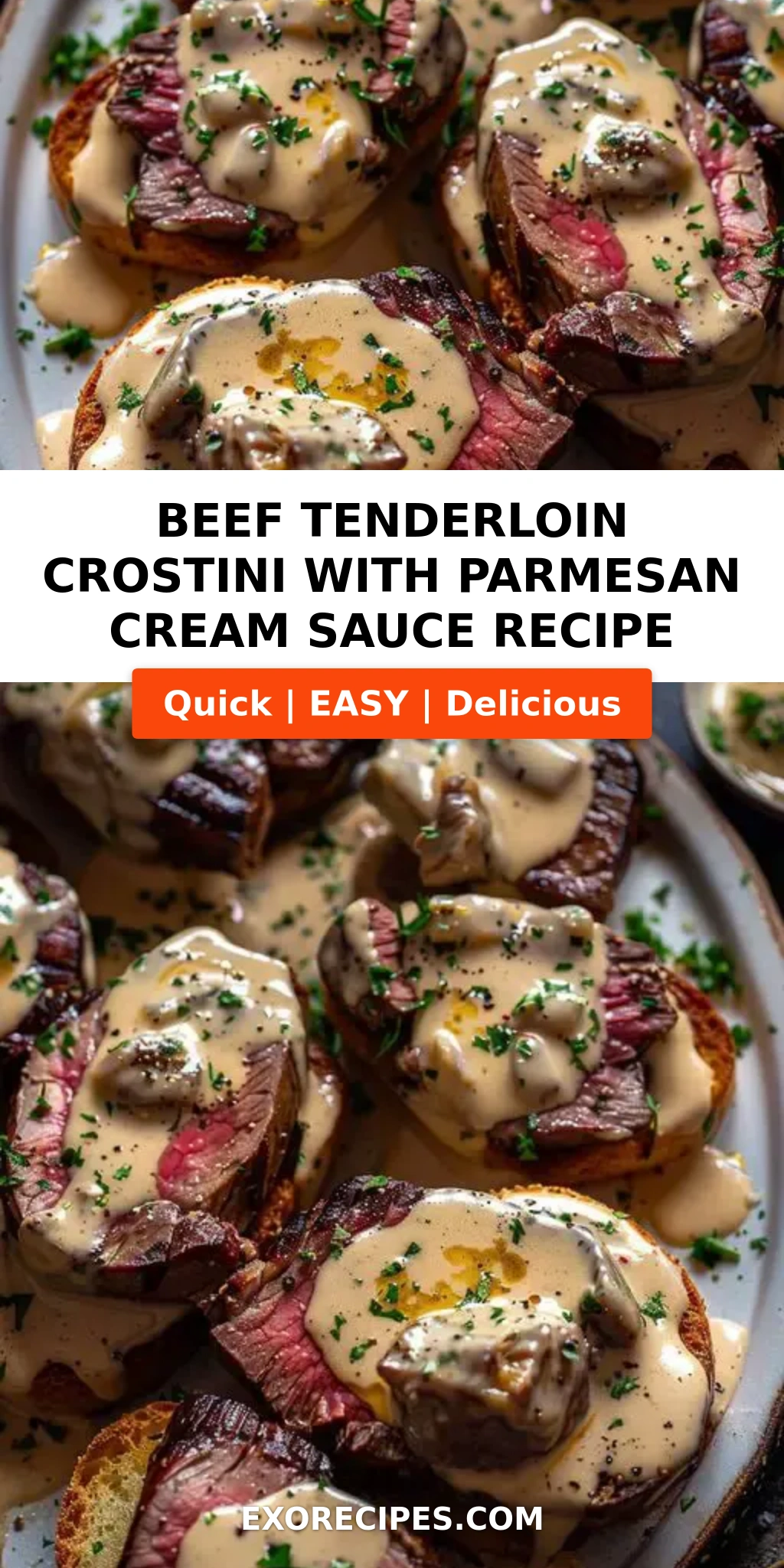 Beef Tenderloin Crostini with Parmesan Cream Sauce