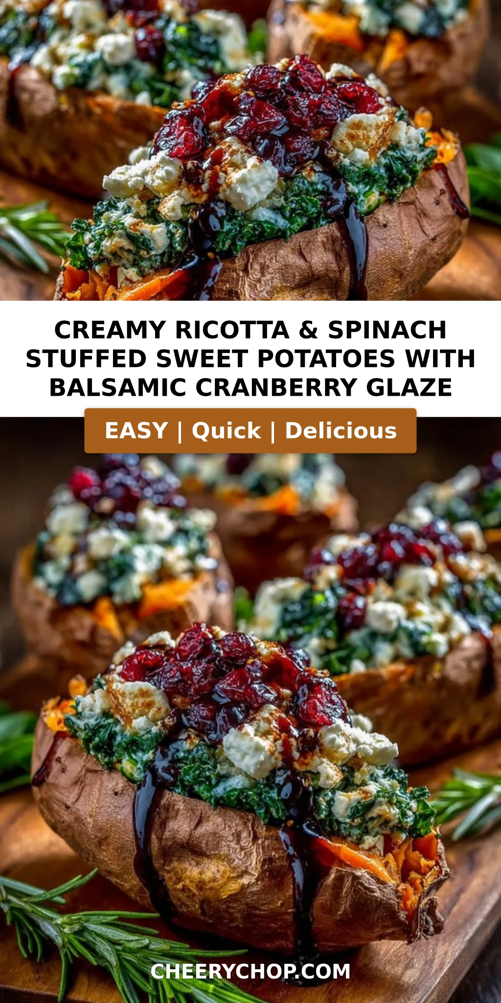 Creamy Ricotta & Spinach Stuffed Sweet Potatoes with Balsamic Cranberry Glaze