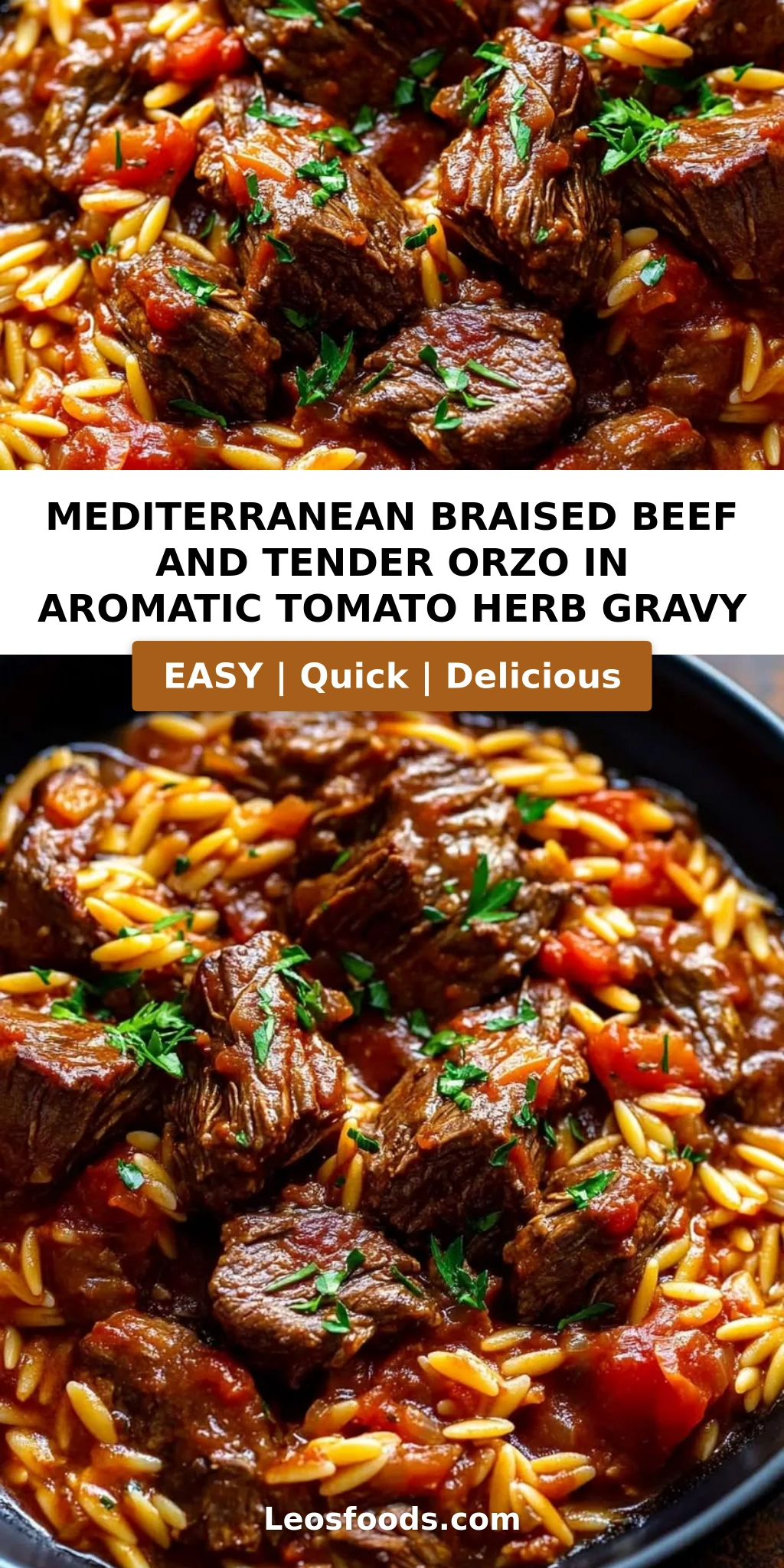 Mediterranean Braised Beef and Tender Orzo in Aromatic Tomato Herb Gravy