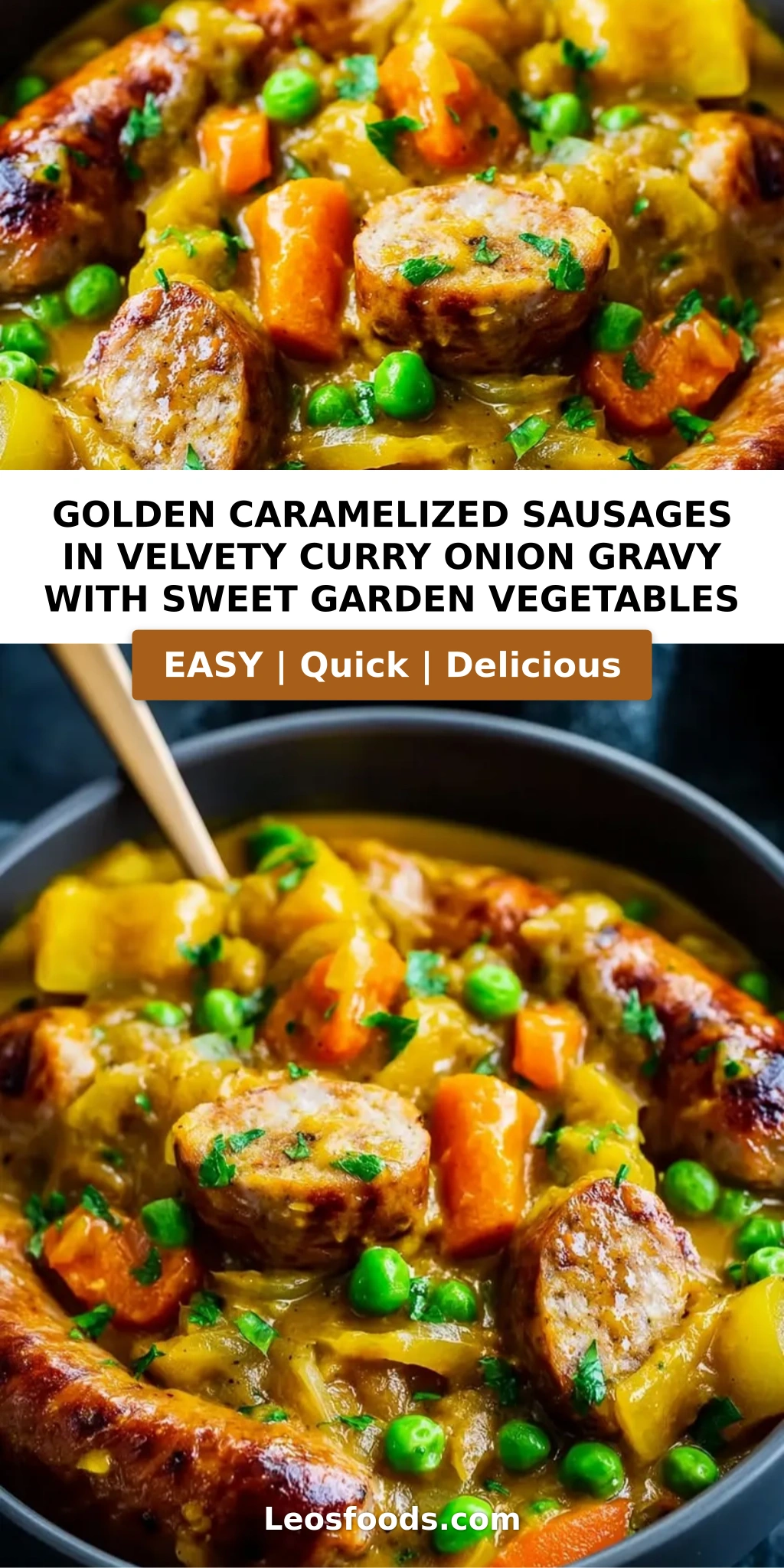 Golden Caramelized Sausages in Velvety Curry Onion Gravy with Sweet Garden Vegetables