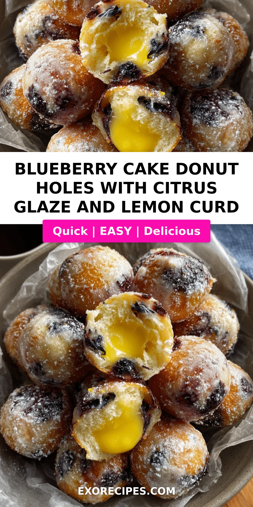 Blueberry Cake Donut Holes with Citrus Glaze & Lemon Curd Filling