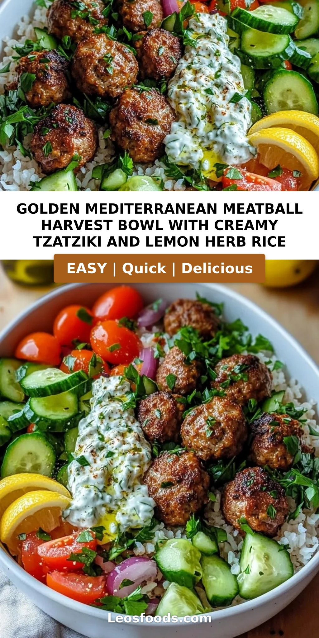 Golden Mediterranean Meatball Harvest Bowl with Creamy Tzatziki and Lemon Herb Rice