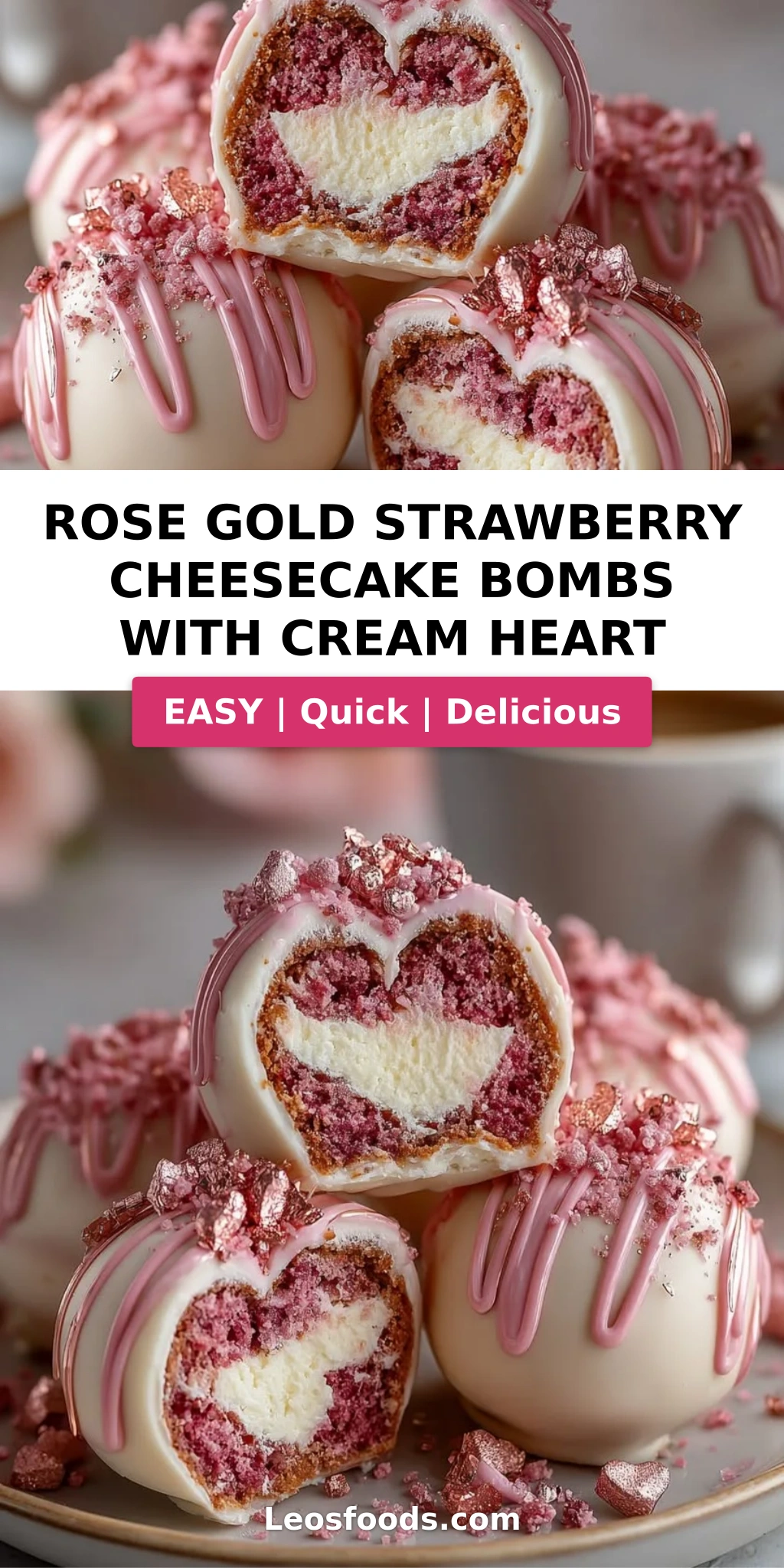 Rose Gold Strawberry Cheesecake Bombs with Cream Heart
