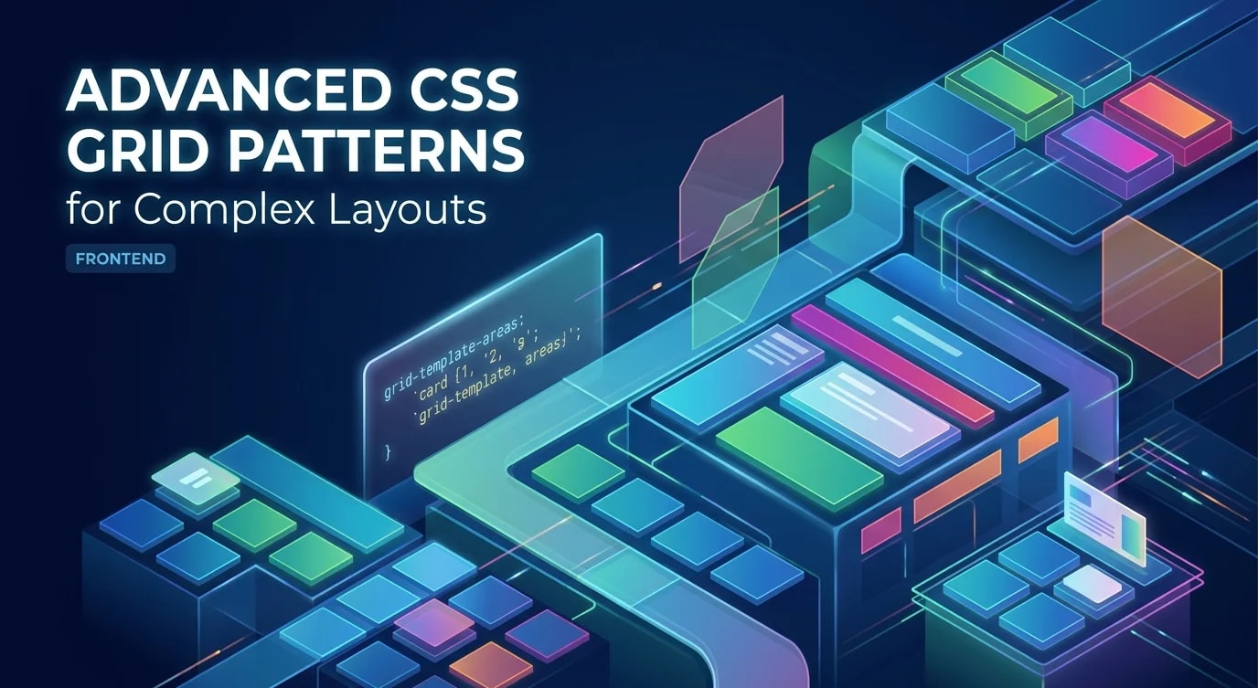 Complex CSS Grid layout diagram showing overlapping grid areas, subgrid alignment, named template areas, and responsive reflow at different breakpoints