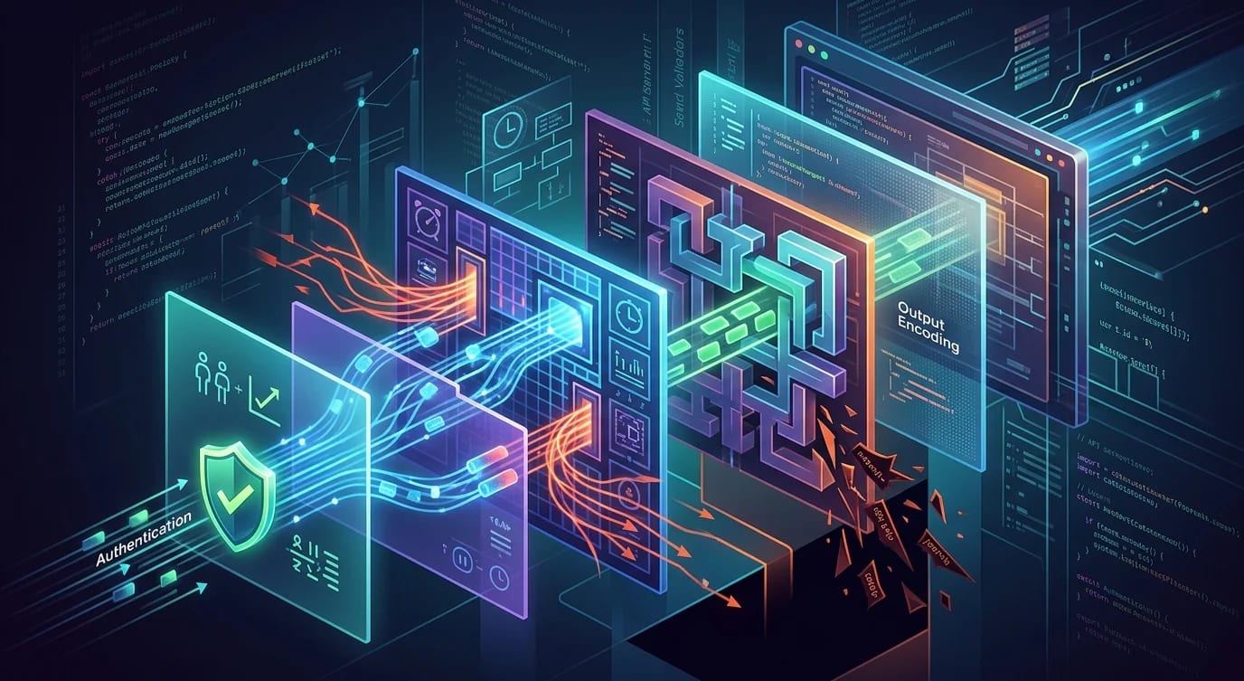 Layered security architecture diagram showing requests passing through rate limiting, authentication, validation, authorization, and audit logging layers