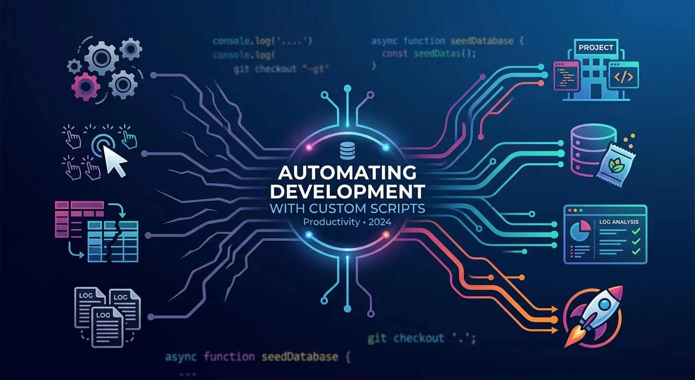 Terminal window showing a custom automation script executing multiple development tasks in sequence with colored output indicating progress