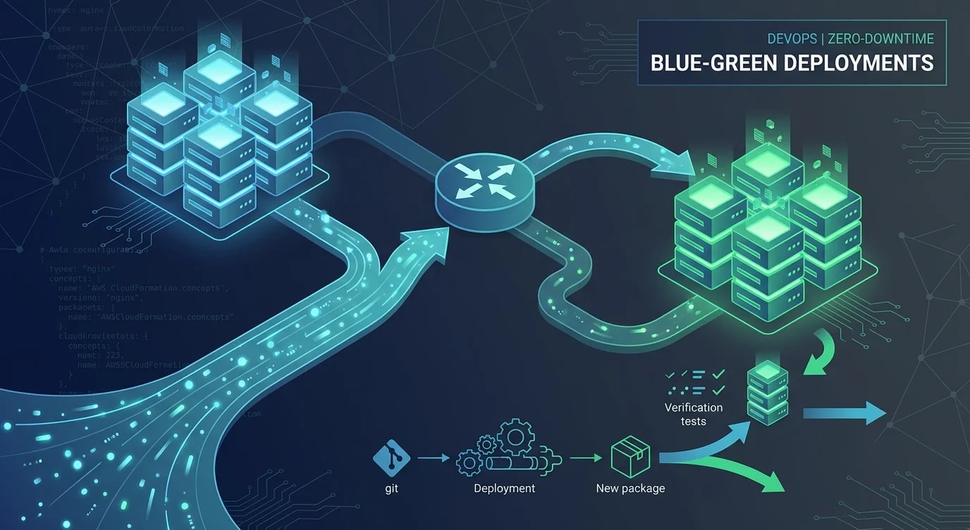 Blue-green deployment diagram showing traffic switch between two identical environments