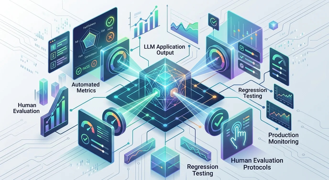 Evaluation pipeline diagram showing LLM outputs flowing through automated scoring, human review sampling, and regression comparison stages