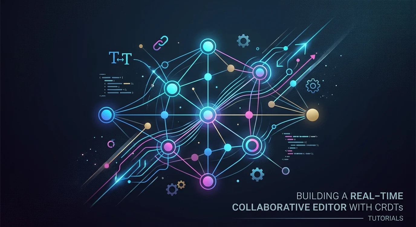 Architecture diagram of a collaborative editor showing multiple clients syncing document state through CRDT merge operations