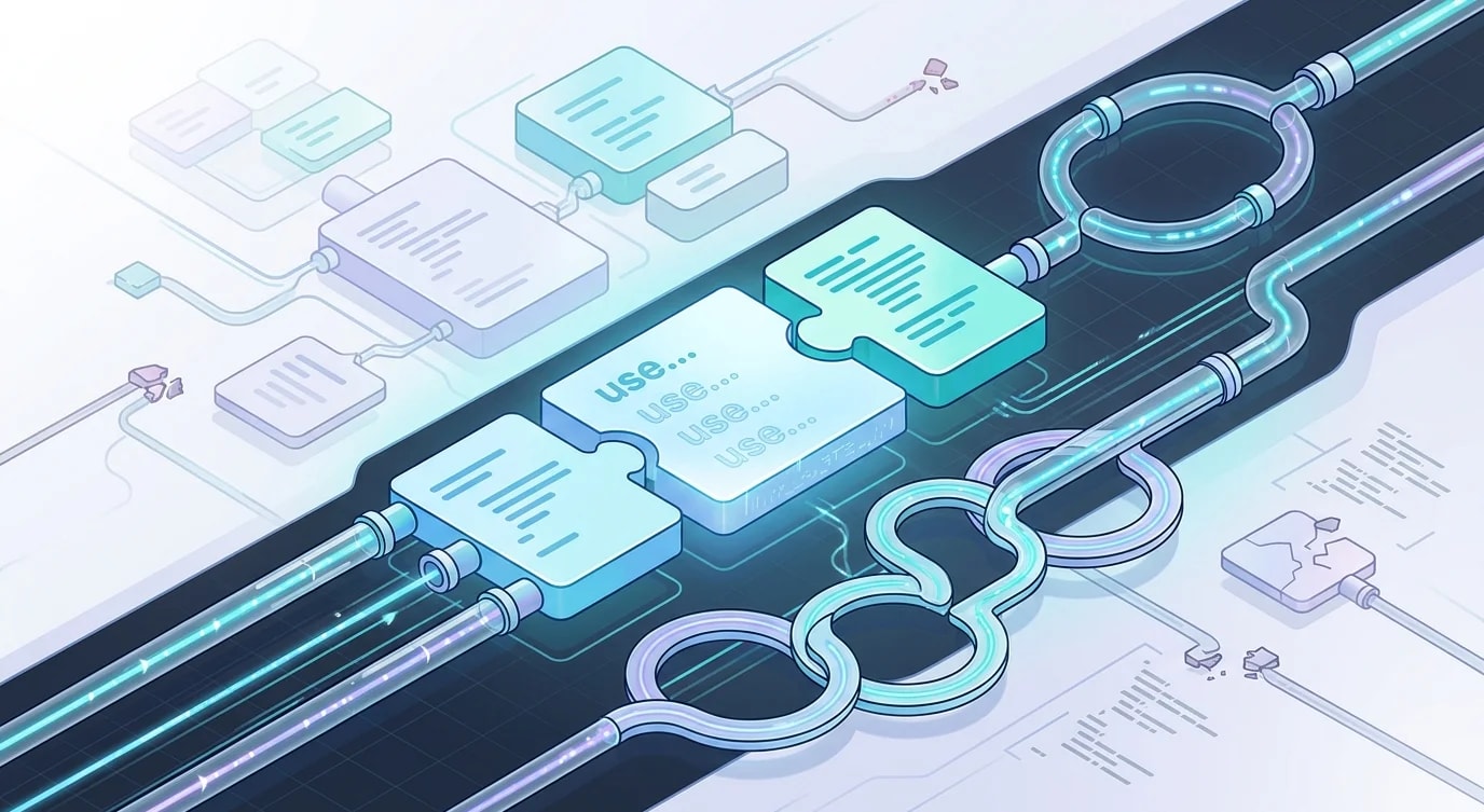 React-Hooks-Kompositionsdiagramm, das den Datenfluss zwischen Custom Hooks und Komponenten zeigt