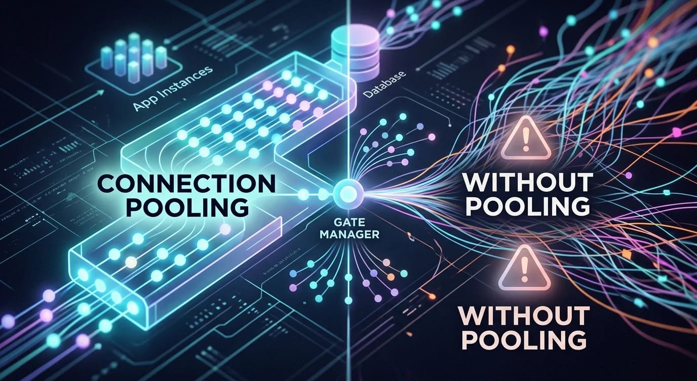 Connection pool diagram showing application threads sharing a pool of database connections