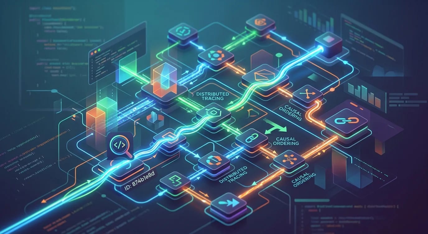 Distributed trace visualization showing a request flowing through multiple services with timing spans and correlation IDs linking related events