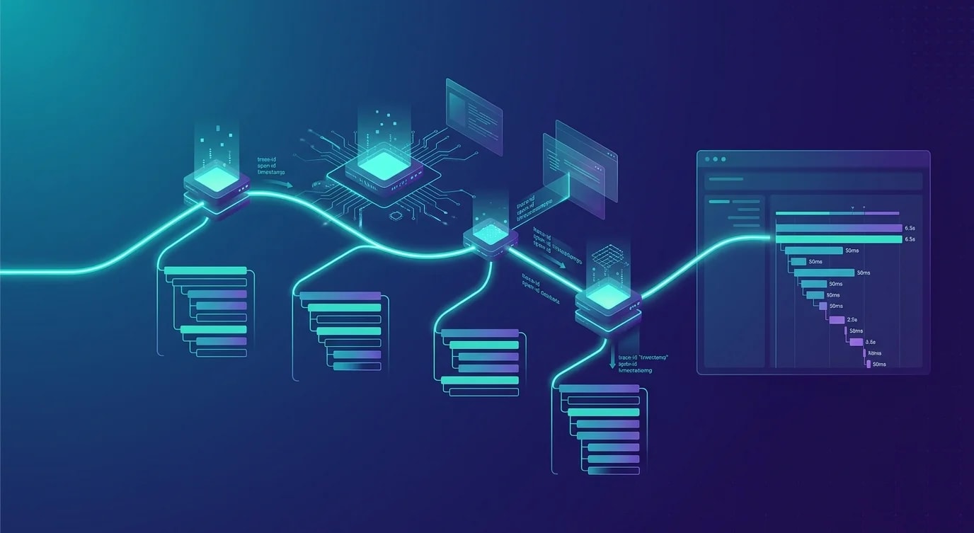 Distributed trace visualization showing a request flowing through multiple microservices with timing spans and error indicators