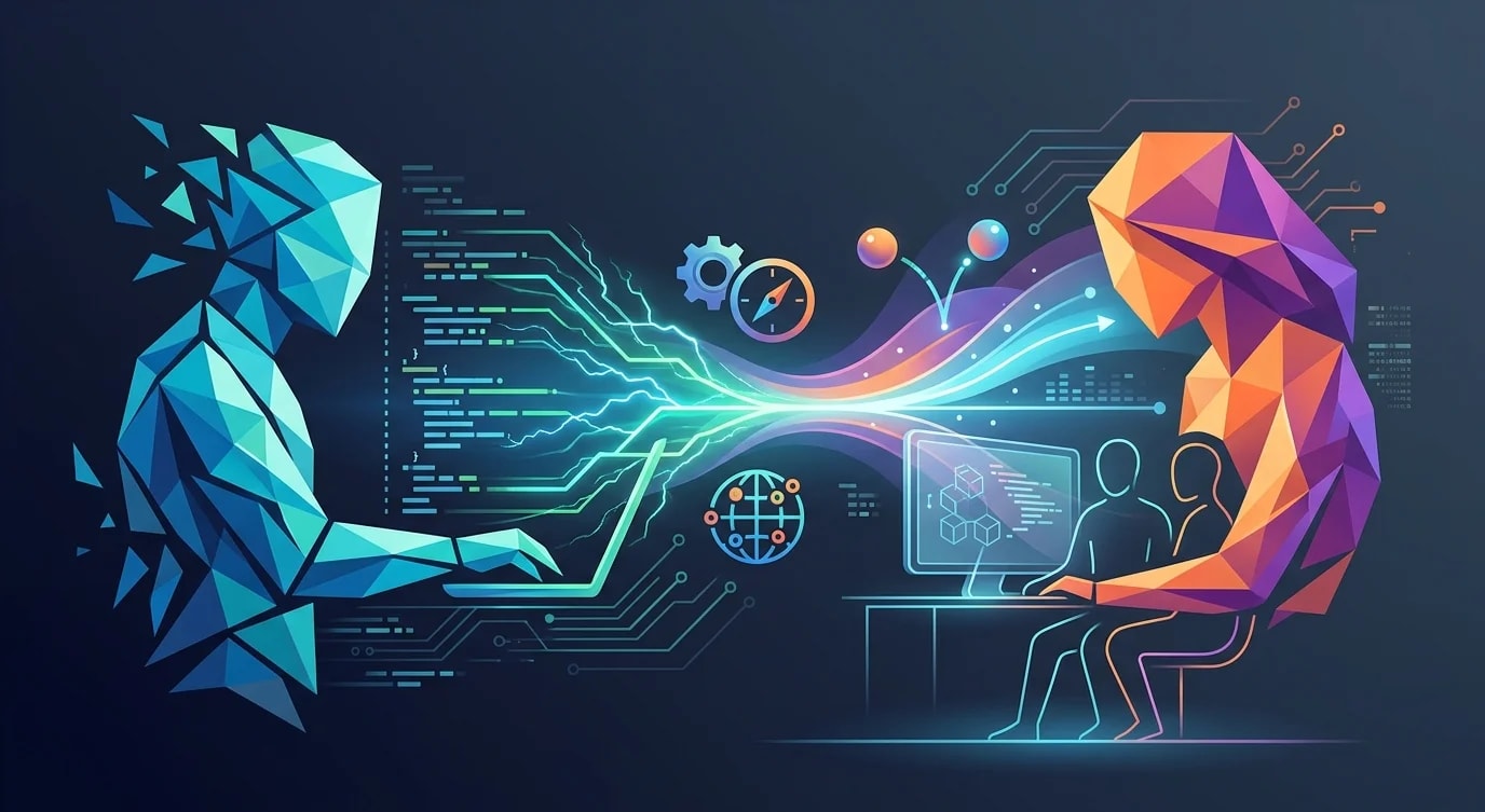 Two developers at a shared screen collaborating on code with clear driver and navigator roles