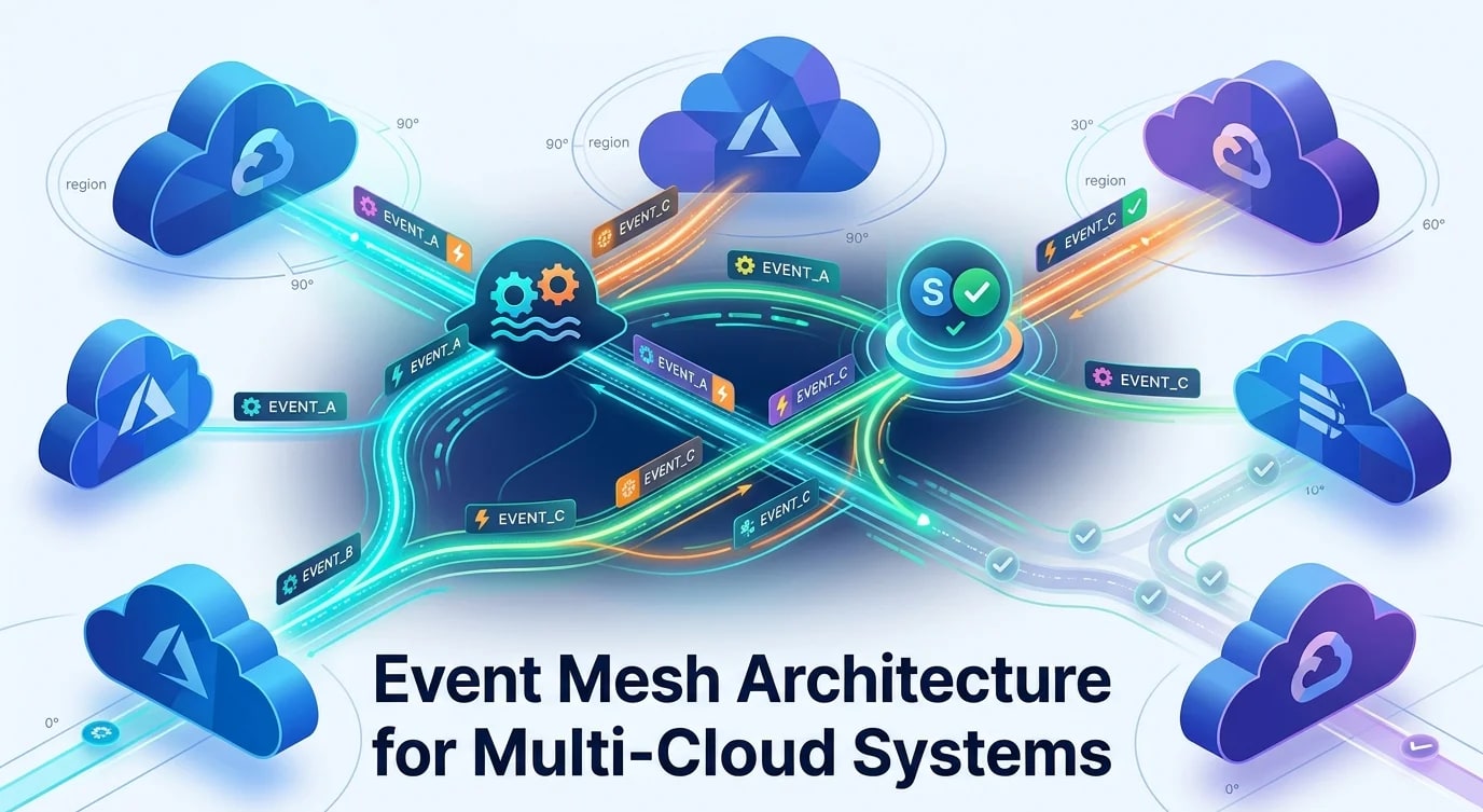 Event mesh topology showing interconnected brokers across multiple cloud regions with dynamic routing paths and protocol bridges