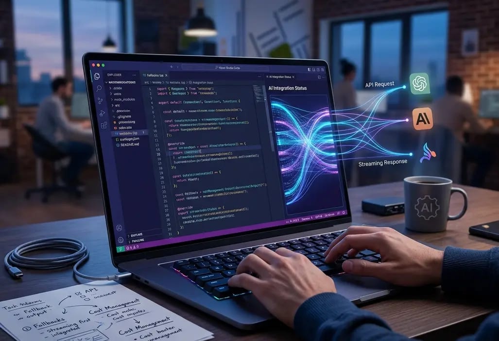 Code editor showing AI integration with streaming output