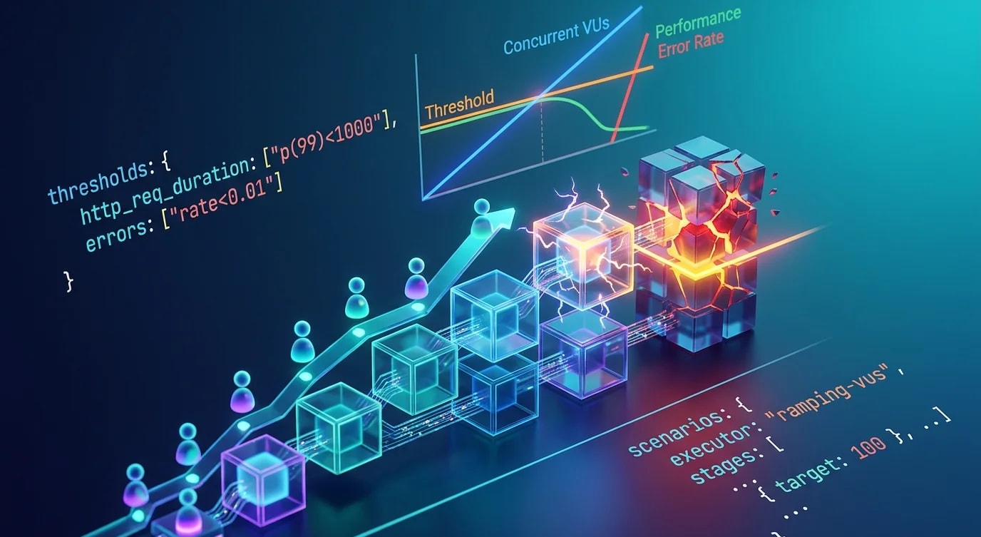 Load testing dashboard showing request rate, response time percentiles, and error rate graphs with a clear inflection point where performance degrades