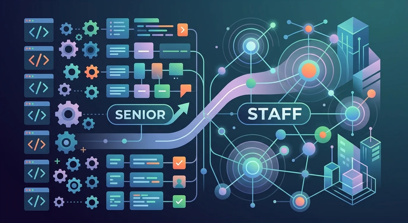 Career progression diagram showing the transition from senior engineer to staff engineer with expanding scope of influence