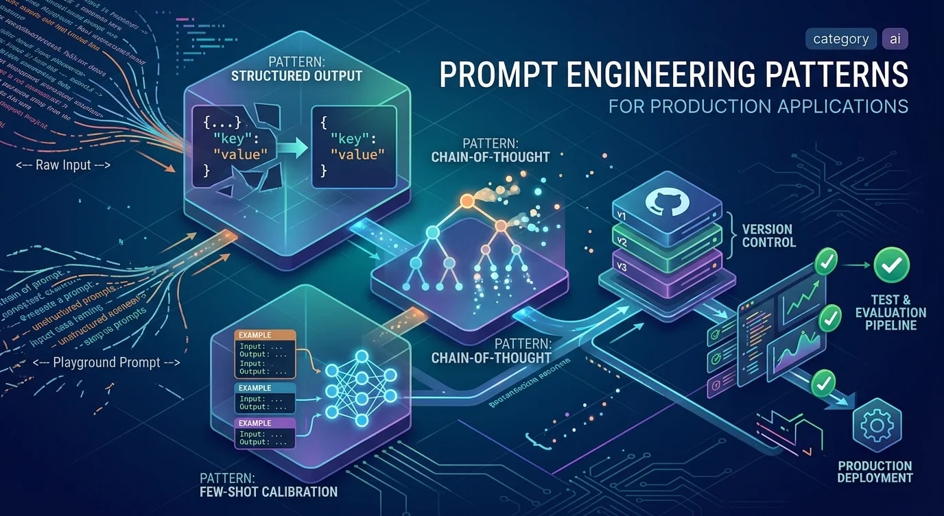Prompt engineering pipeline showing prompt template with variables flowing through LLM inference, structured output parsing, validation, and automated evaluation feedback loop