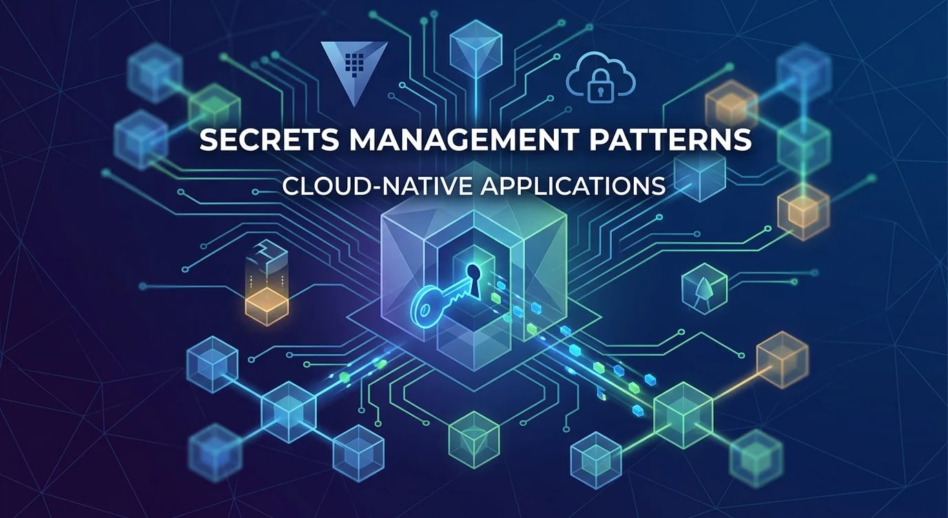 Secret lifecycle diagram showing creation, storage in a vault, injection into running services, automatic rotation, and audit logging of access events