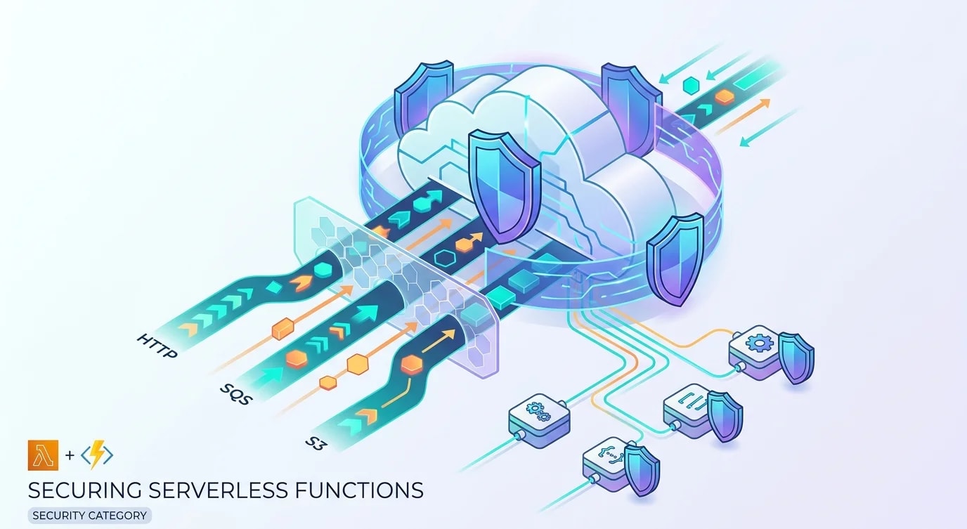 Diagramm eines Sicherheitsschilds, das die Angriffsflächen von Serverless-Funktionen und ihre Verteidigungsebenen zeigt