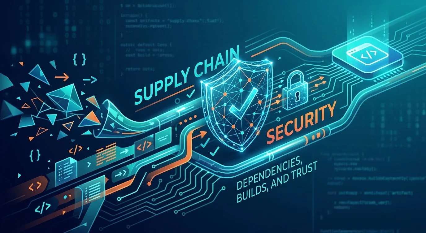 A chain of linked locks representing the software supply chain from source code through build to deployment