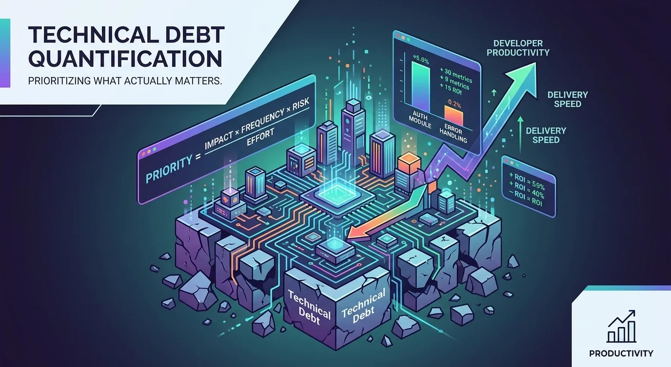 Dashboard showing technical debt metrics with priority scores and impact analysis charts