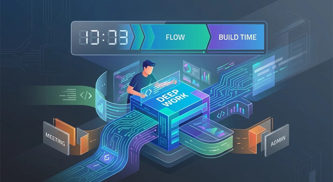 Weekly calendar showing time blocks for deep work, meetings, and administrative tasks