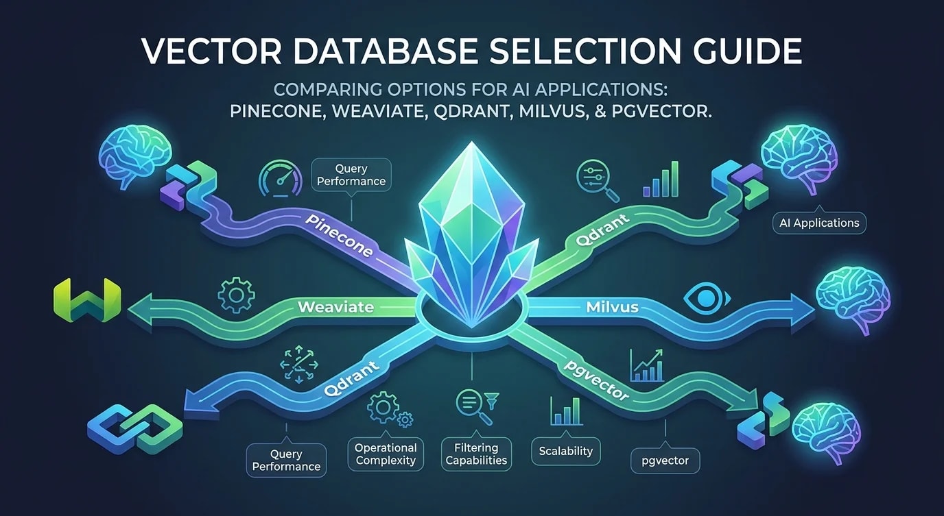 Architecture diagram comparing standalone vector databases with embedded vector extensions showing query flow from embedding generation through index lookup to result ranking