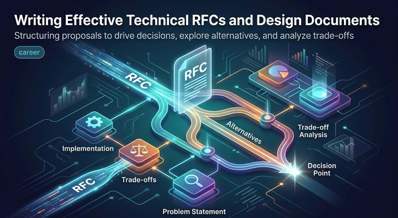 Technical design document template with sections for problem statement, proposed solution, alternatives considered, and trade-offs