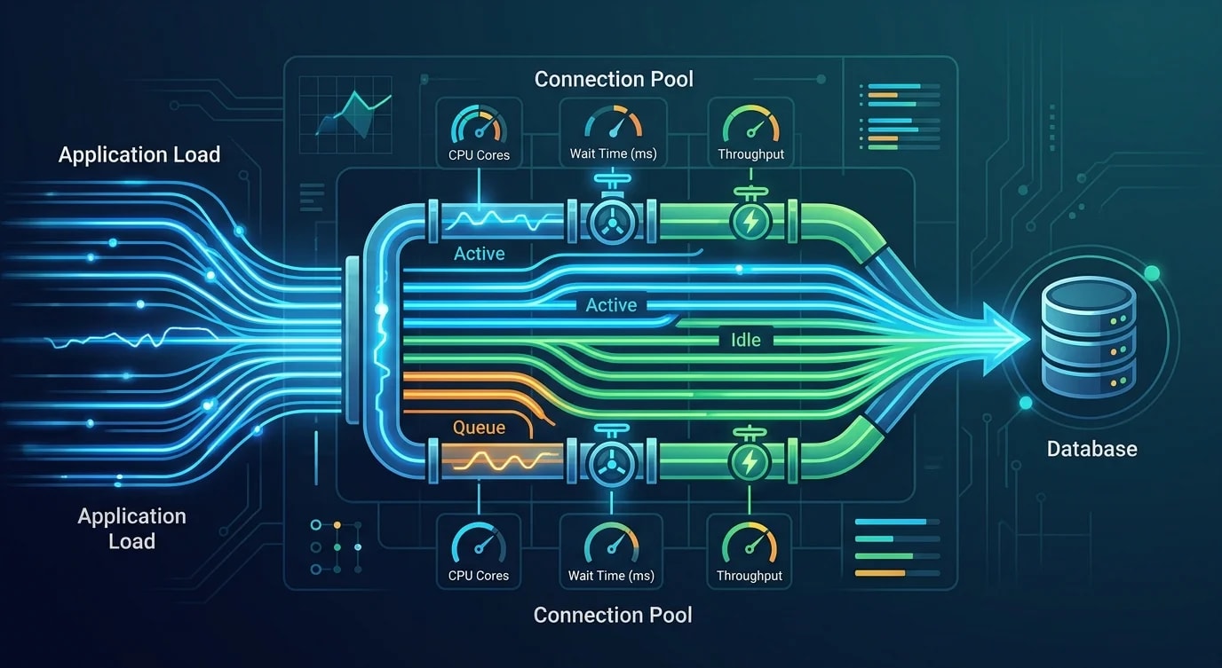 Diagram of a connection pool showing idle, active, and waiting connections with queue depth indicators